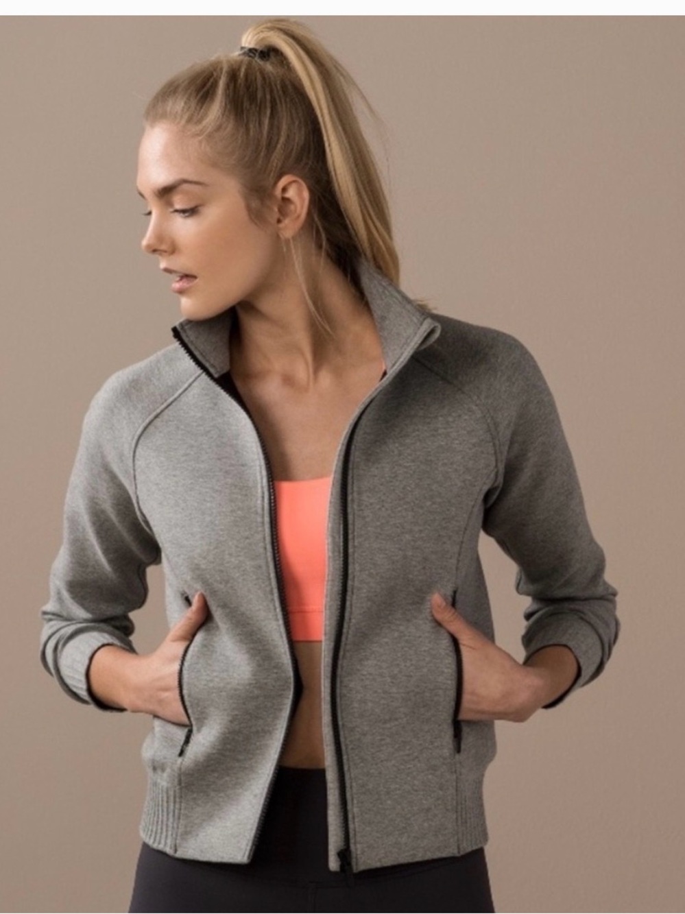 Lululemon Athletica Heathered Medium Grey Full-Zip Bomber Jacket 4 Way Stretch
